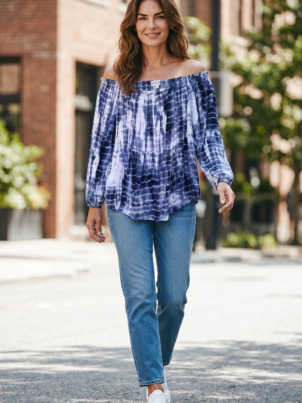 Knox Rose Navy Blue Tie-Dye Off-Shoulder Blouse